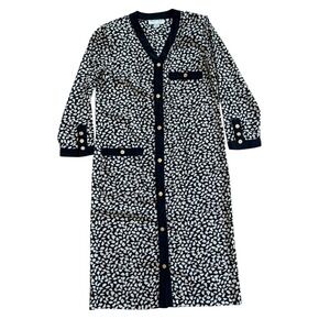 Albert Nipon Executive Dress Black Beige Abstract Print Button Front V Neck Midi